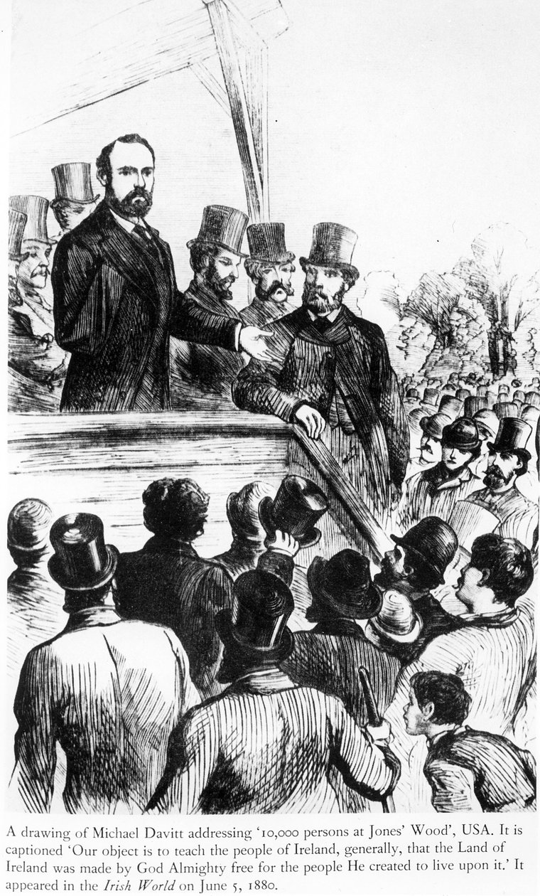Michael Davitt talar till 100 000 personer i Jones Wood, USA, från Irish World, 5 juni 1880 av Irish School