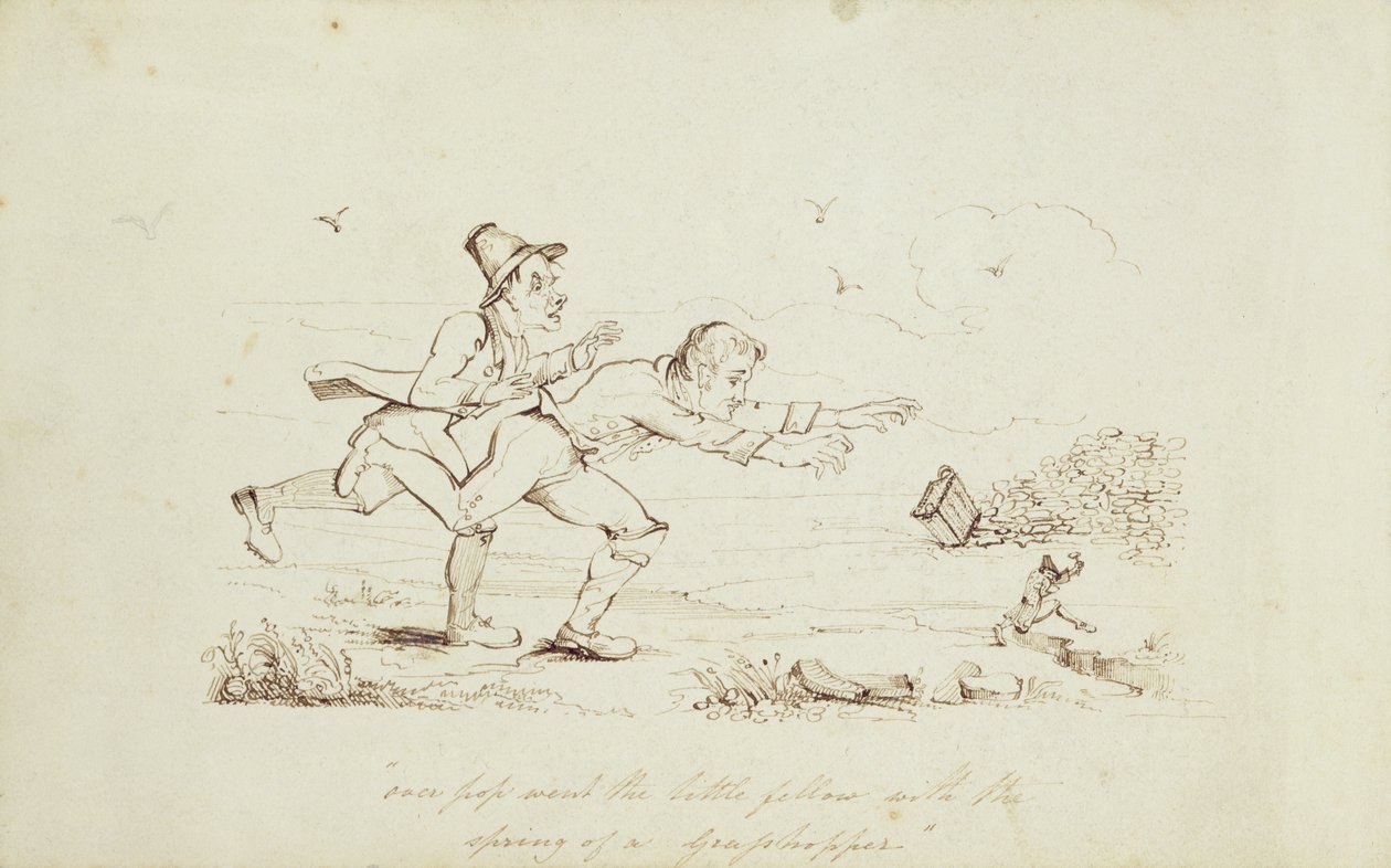 Over Pop Went the Little Fellow with the Spring of a Grasshopper, bokillustration som visar Two Irishmen Chasing a Leprechaun, 1800-talet (penna och bläck på papper) av Irish School