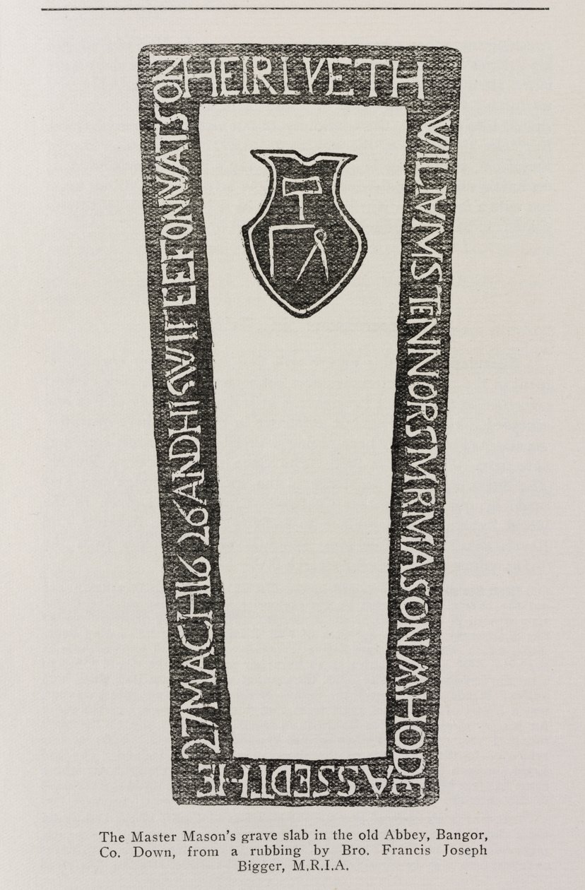 Tryck från en Master Masons gravplatta i den gamla klostret, Bangor, Co. Down, daterad 1626 av Irish School