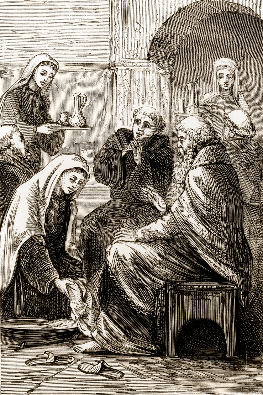 St. Brigit underhållande en biskop, från The Trias Thaumaturga, eller Three Wonder-Working Saints of Ireland, av Mary Cusack (1829-99) publicerad ca 1890-talet av Irish School