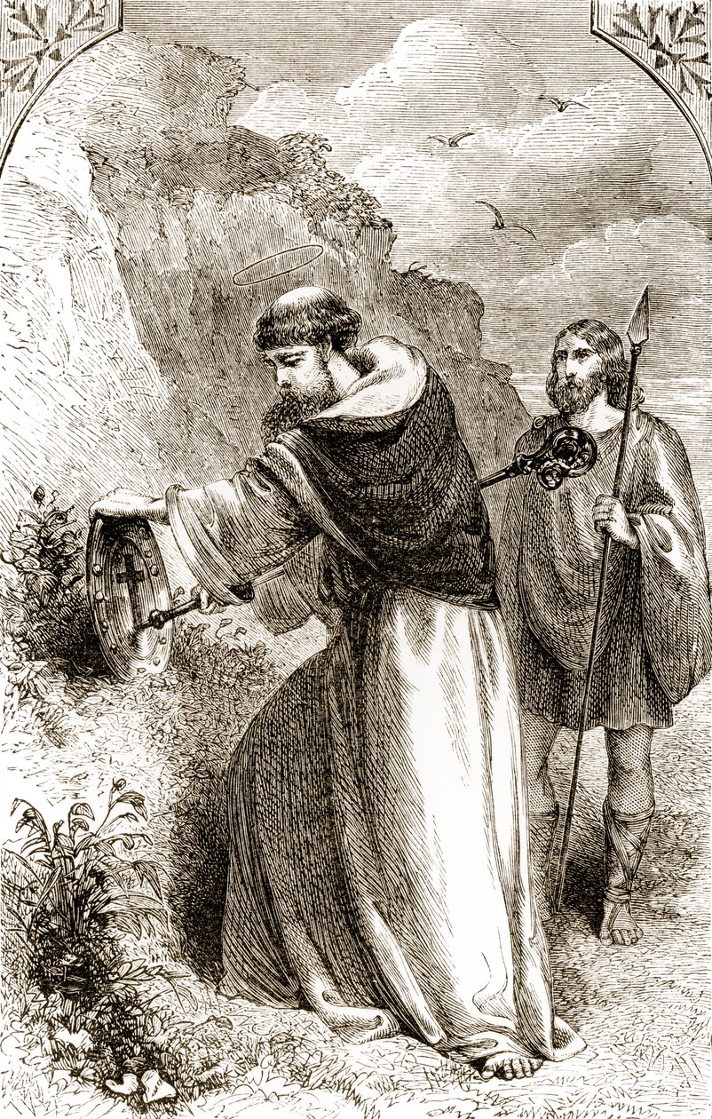 St. Patrick som markerar Connals sköld med korset, från The Trias Thuamaturga, eller Three Wonder-Working Saints of Ireland, av Mary Cusack (1829-99) publicerad ca 1890-talet av Irish School