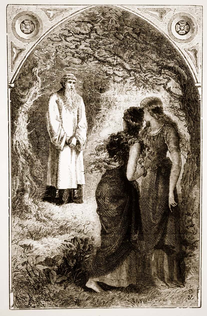 St. Patrick möttes av jungfrur i skogen i Fochlut, från The Trias Thaumaturga, eller Three Wonder-Working Saints of Ireland, av Mary Cusack (1829-99) publicerad ca 1890-talet av Irish School