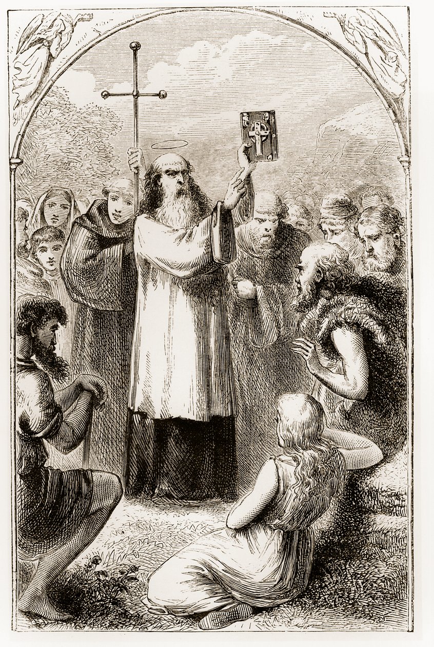 St. Patrick som visar folket i Irland de fyra evangelierna, från The Trias Thaumaturga, eller Three Wonder-Working Saints of Ireland, av Mary Cusack (1829-99) publicerad ca 1890-talet av Irish School