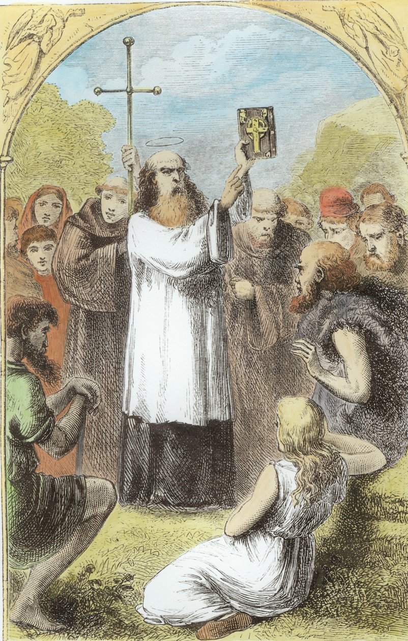 St. Patrick som visar folket i Irland de fyra evangelierna, från The Trias Thaumaturga, eller Three Wonder-Working Saints of Ireland, av Mary Cusack (1829-99) publicerad ca 1890-talet (senare färgläggning) av Irish School