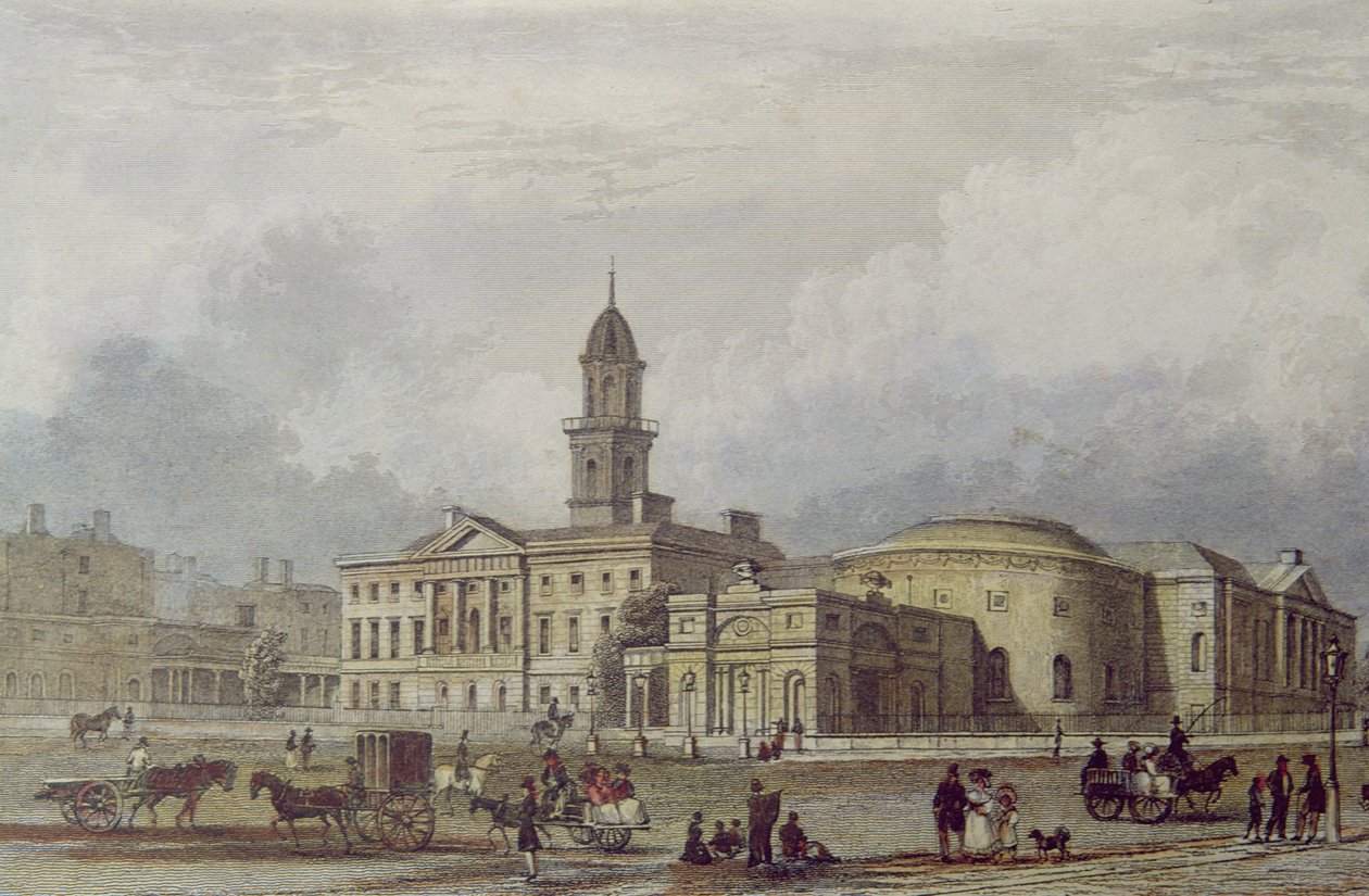 Rotunda Hospital, Dublin (färglitografi) av Irish School