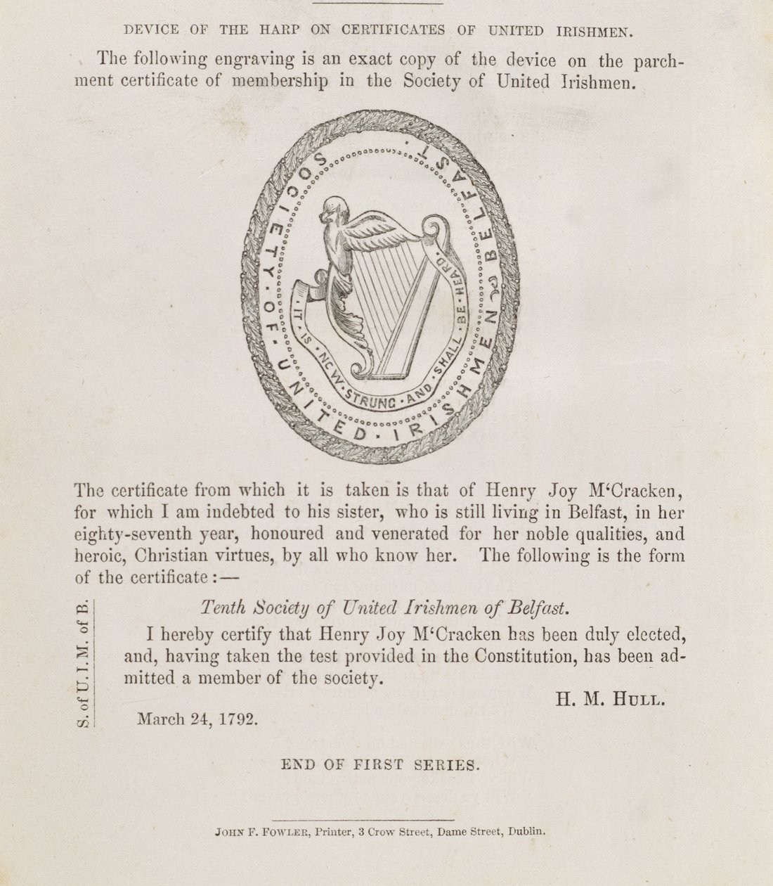 Sigillet för Society of United Irishmen i Belfast, ca 1792 (gravyr) av Irish School