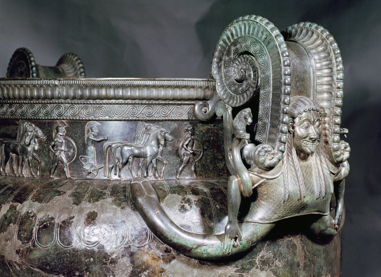 Detalj av gorgonhandtaget från en krater, från graven till en prinsessa av Vix brons av Iron Age