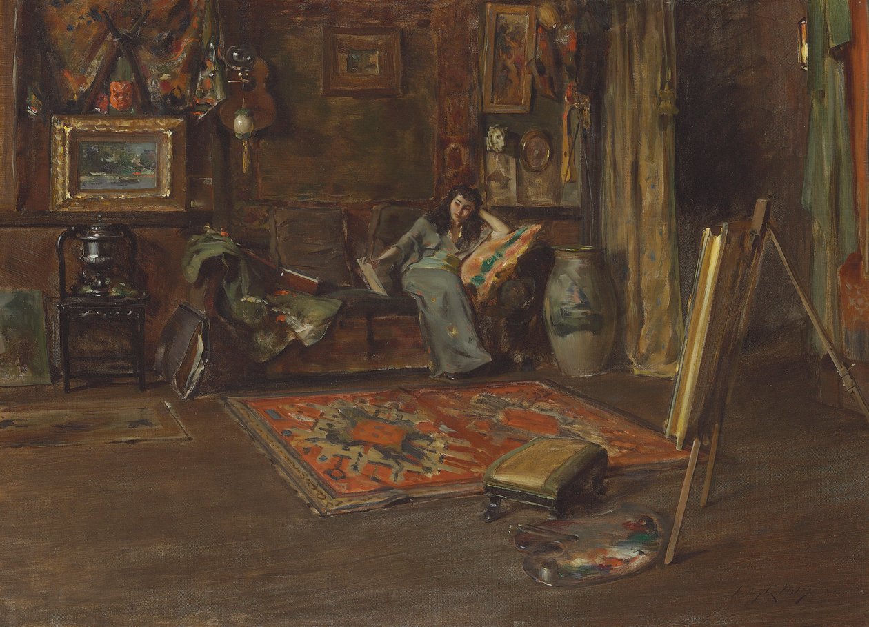Interiör av William Merritt Chases Tenth Street Studio (olja på duk) av Irving Ramsay Wiles
