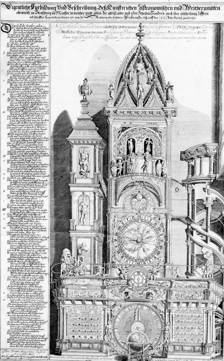 Den astronomiska klockan i Strasbourgs katedral, 1621 (gravyr och boktryck) av Franz Isaac Brun