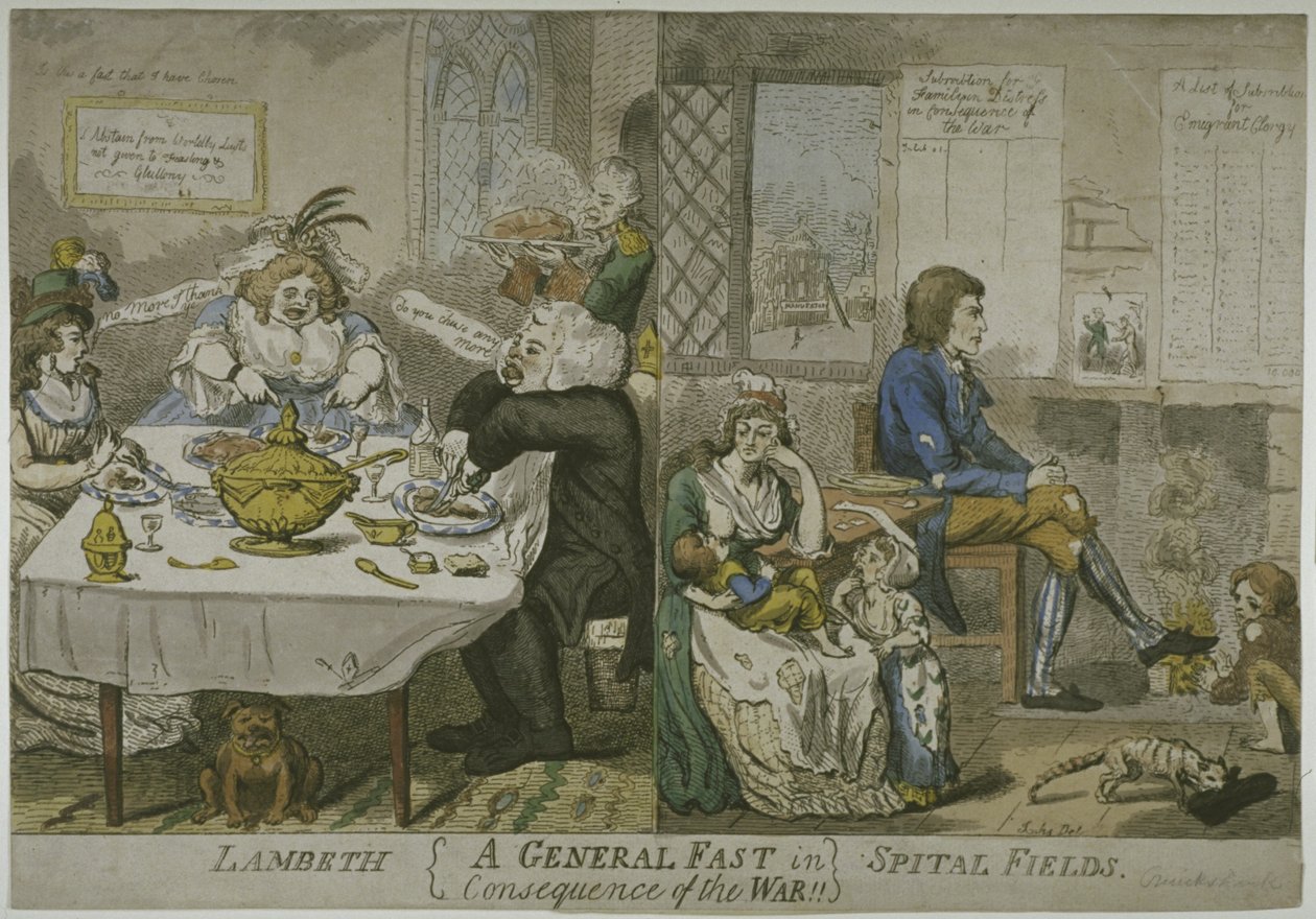 En allmän snabbning till följd av kriget!!!...., ca 1794 (färgad etsning) av Isaac Cruikshank