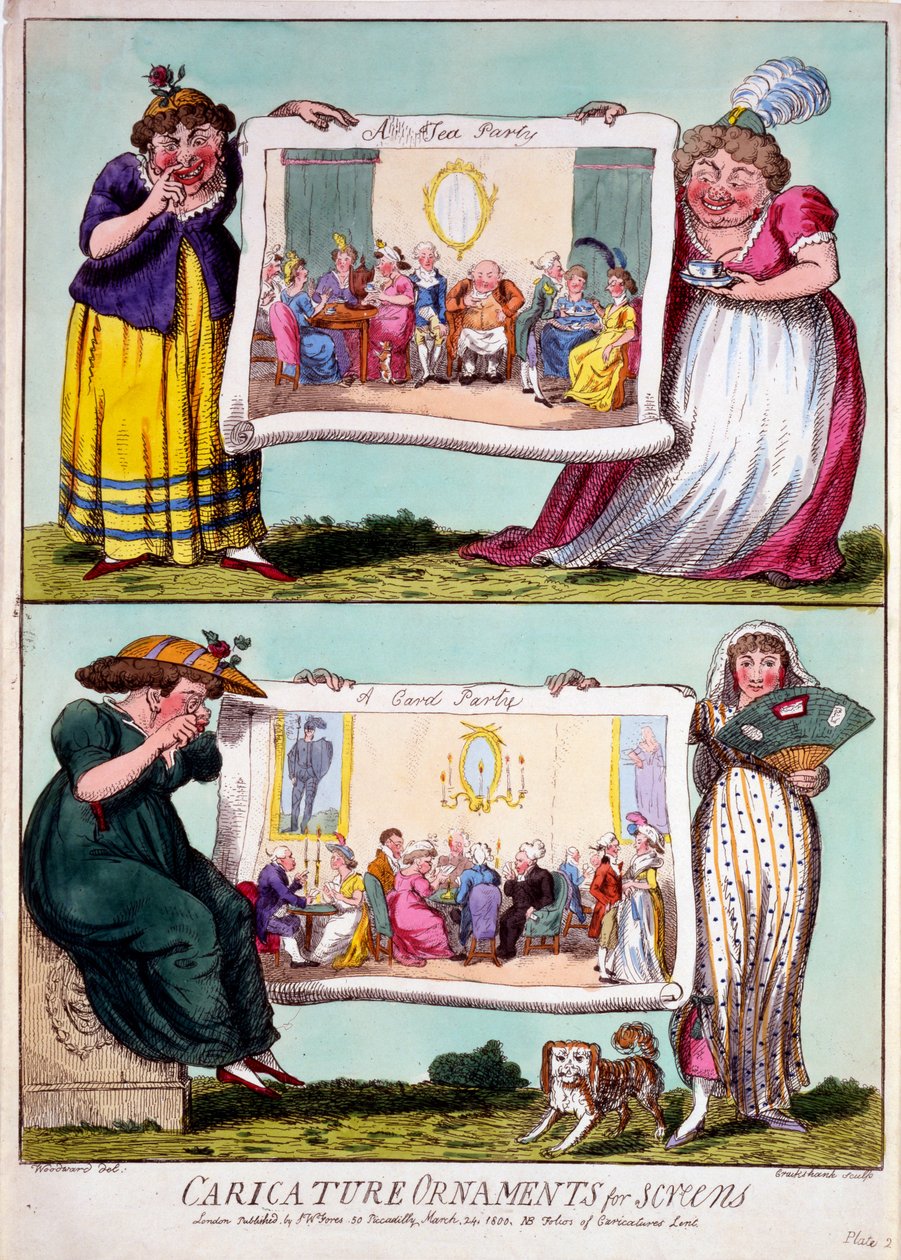 Karikatyrprydnader för skärmar, 1800 (handfärgad gravyr) av Isaac Cruikshank