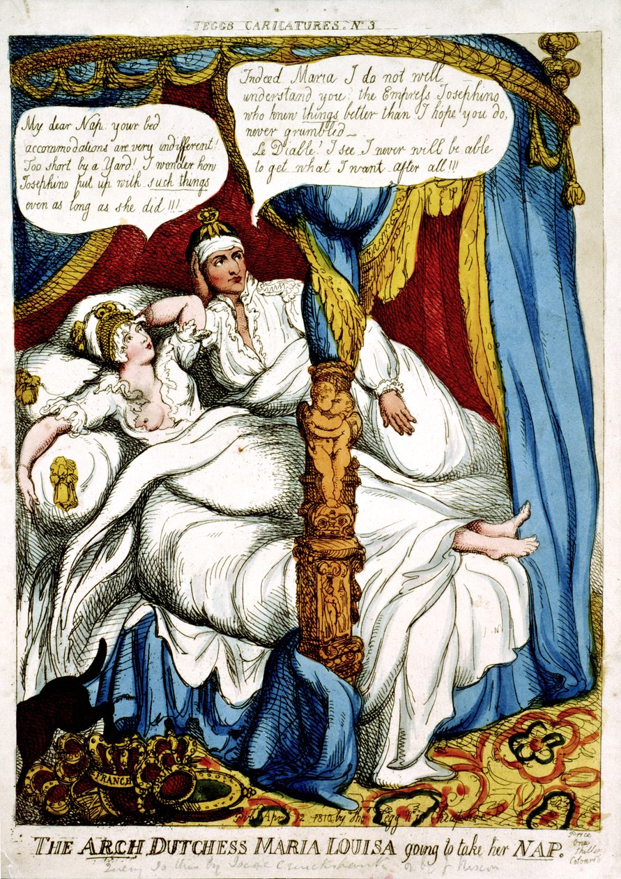 "Ärkehertiginnan Maria Louisa ska ta sin tupplur", karikatyr om Napoleons och Maria Louisas äktenskap, publicerad 12 april 1810 av Isaac Cruikshank