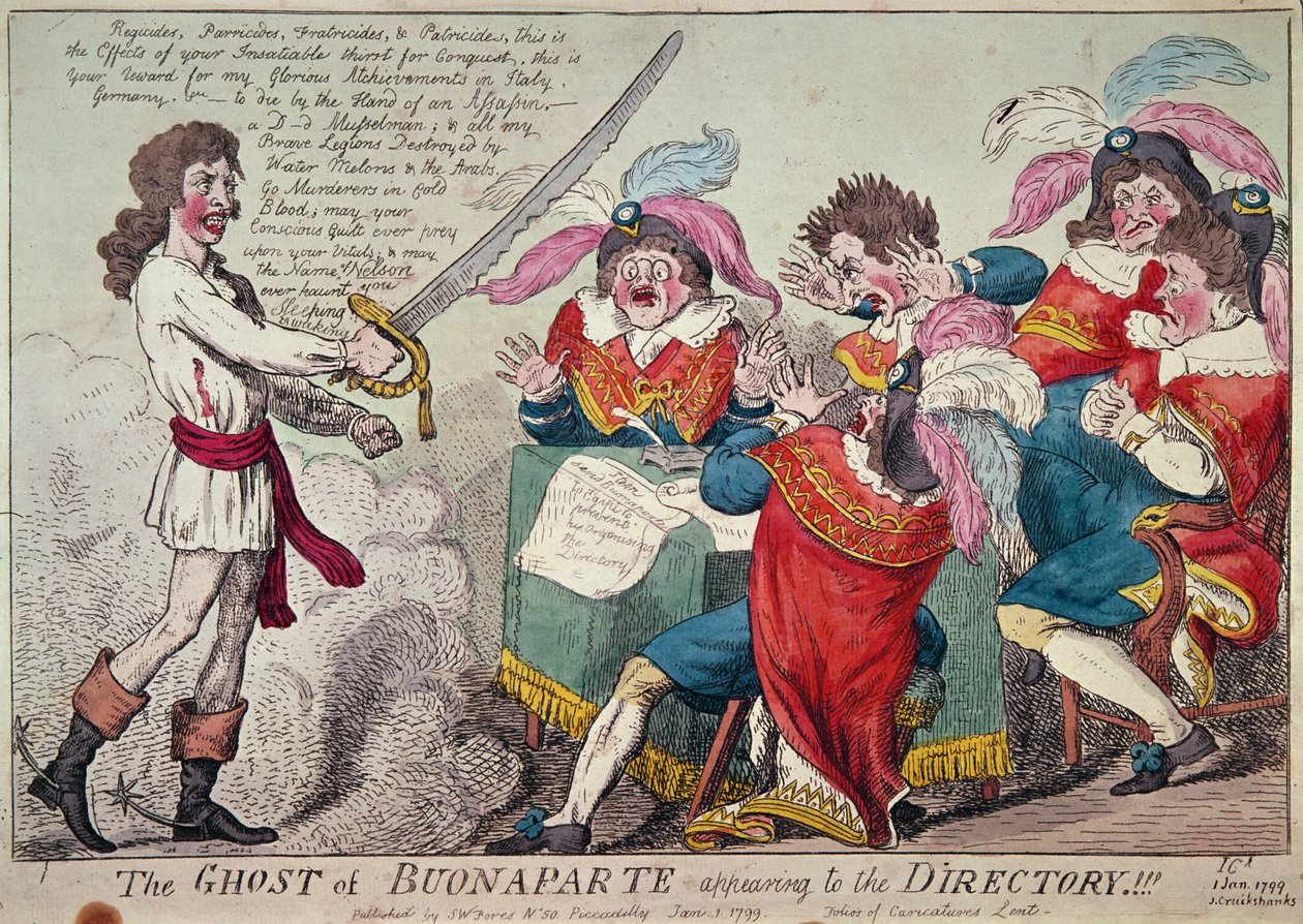 The Ghost of Buonaparte dyker upp i katalogen!!!, London, 1799 (färgetsning) av Isaac Cruikshank