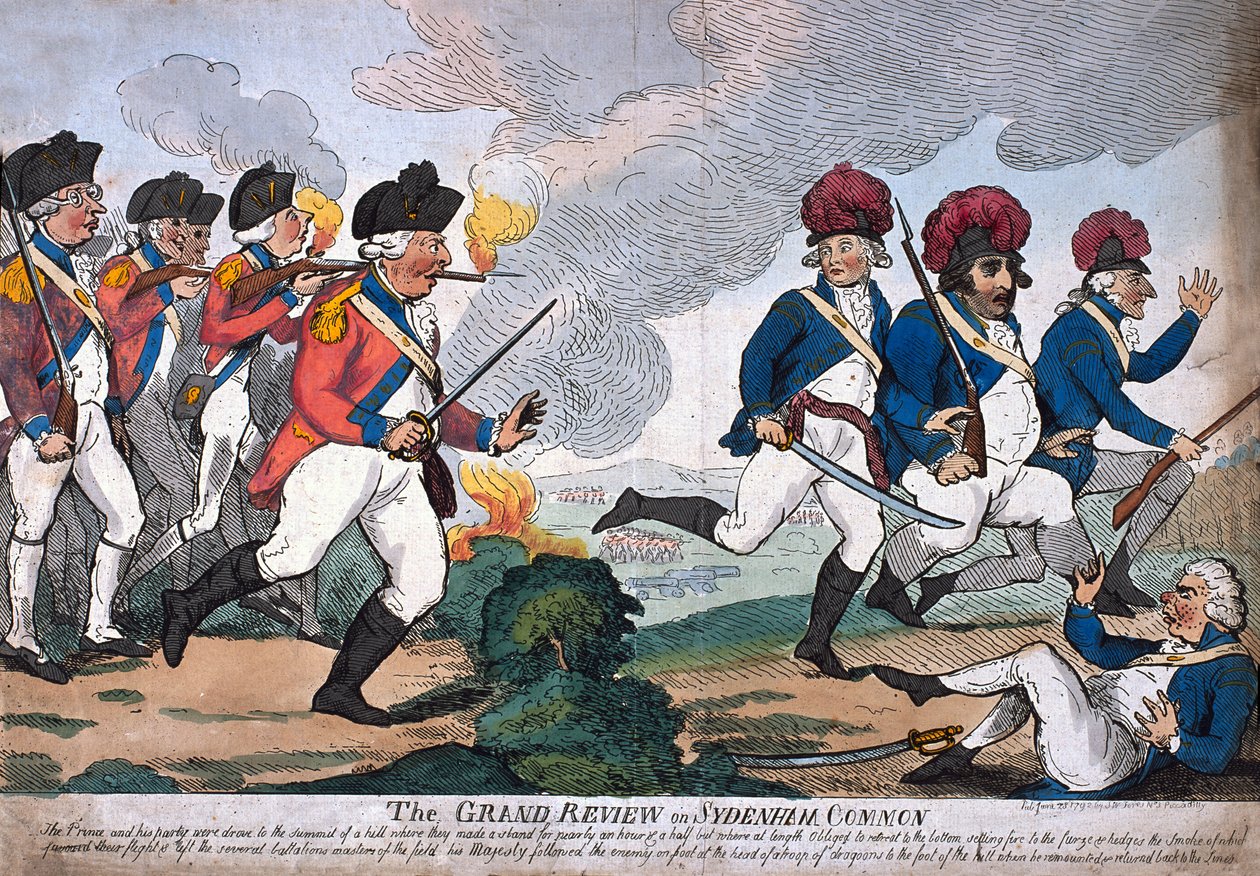 "The Grand Review on Sydenham Common" (färgad etsning) av Isaac Cruikshank