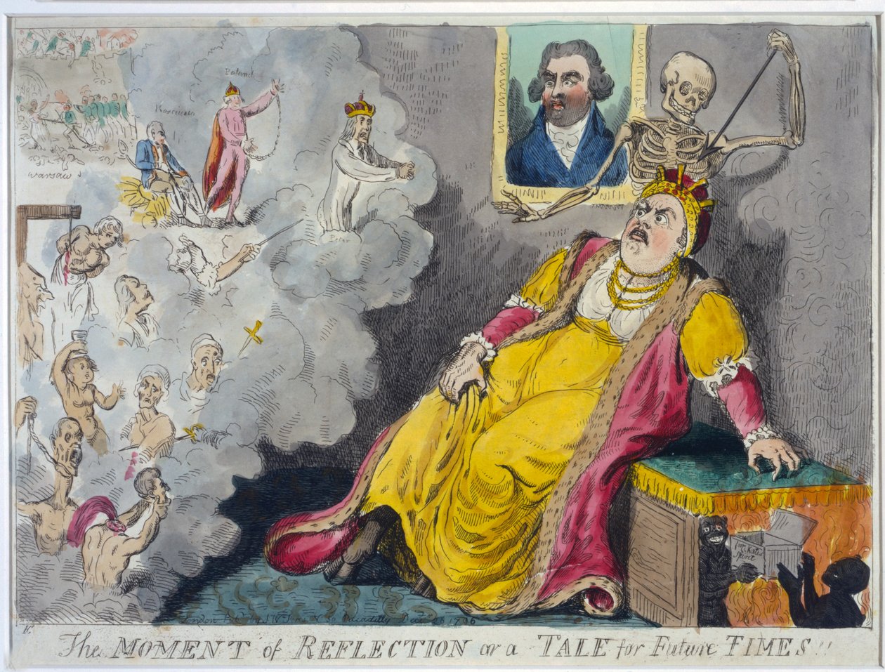 Reflektionens ögonblick eller en berättelse för framtida tider, pub. 1796 (handkolorerad etsning) av Isaac Cruikshank
