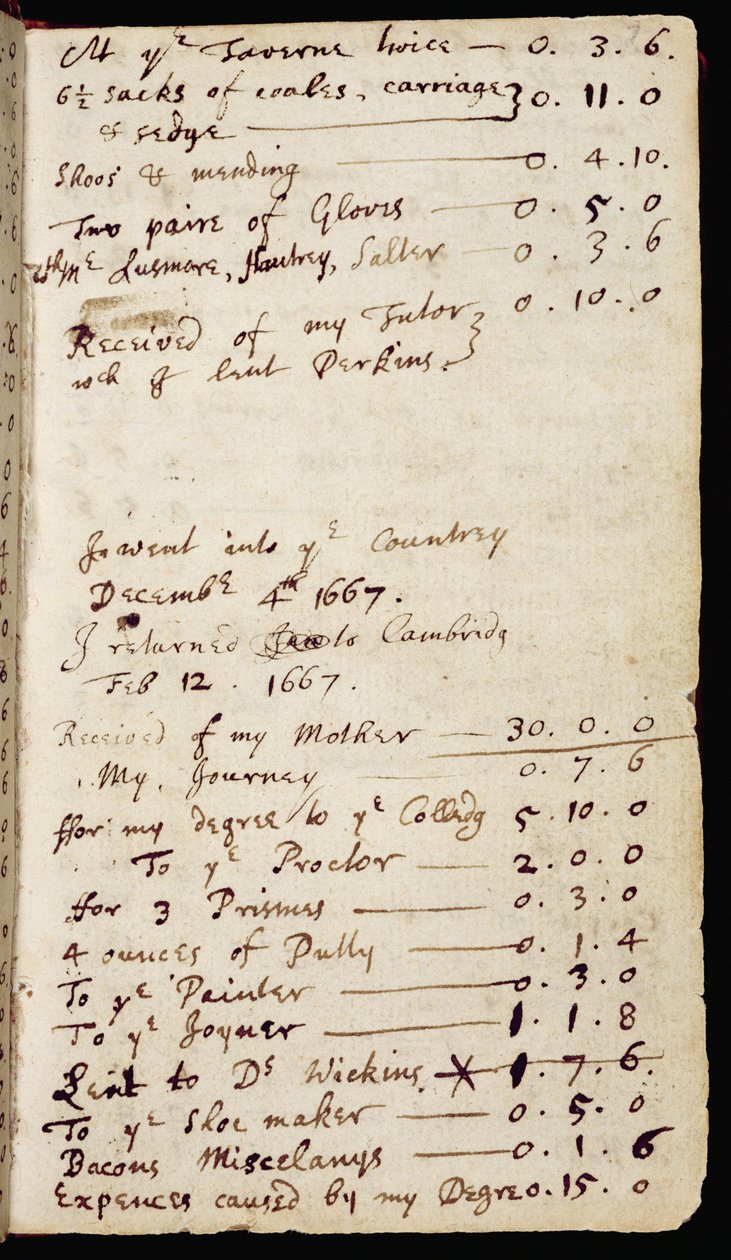 Ms 1-1936 f.7r Sida från en anteckningsbok som innehåller Newtons tankar om optik och hans hushållsräkenskaper, c.1665-68 (bläck på papper) av Isaac Newton