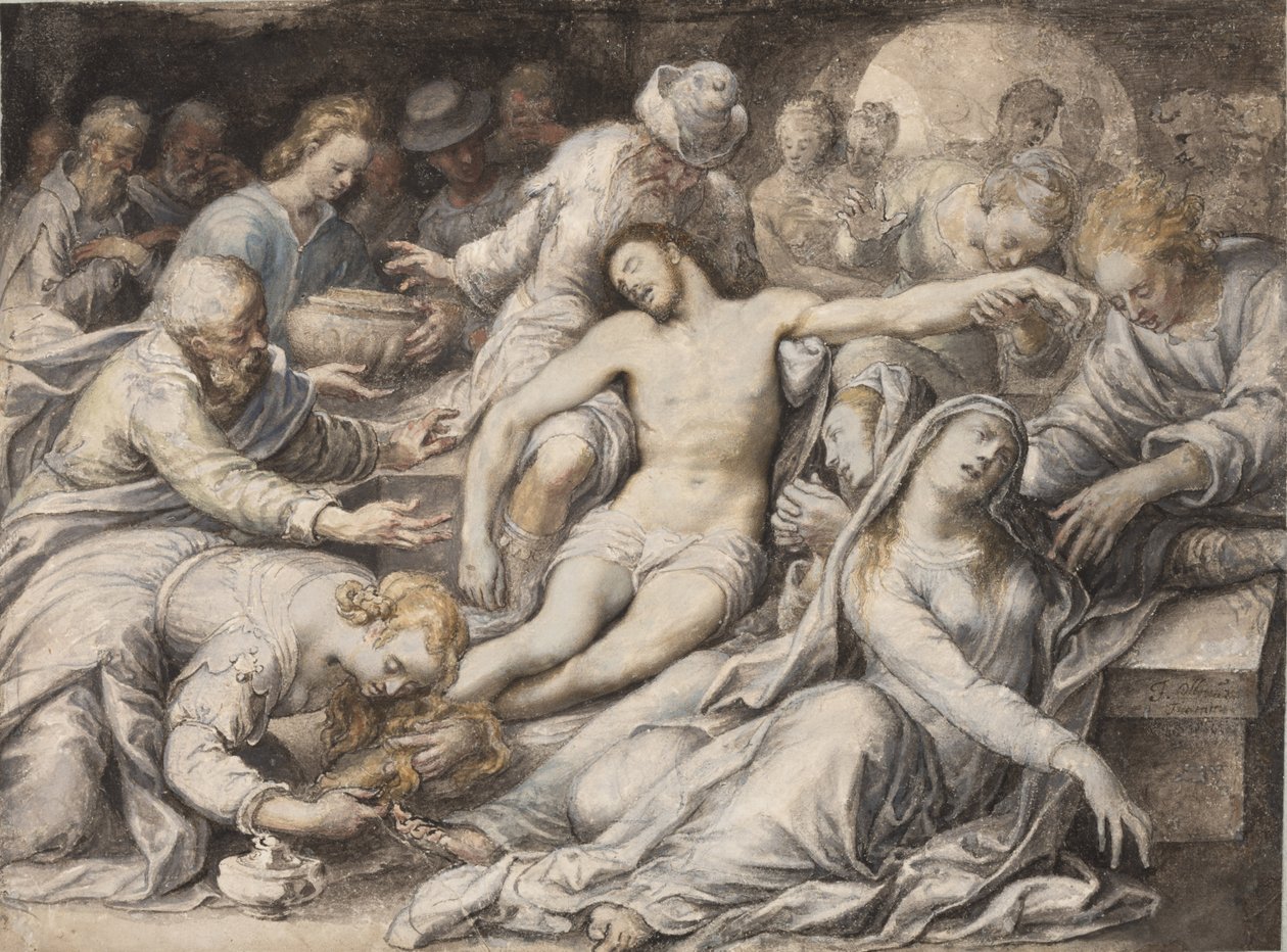 PD.5-1957 Lamentation over the Dead Christ, c.1585 (wc und gouache) av Isaac Oliver