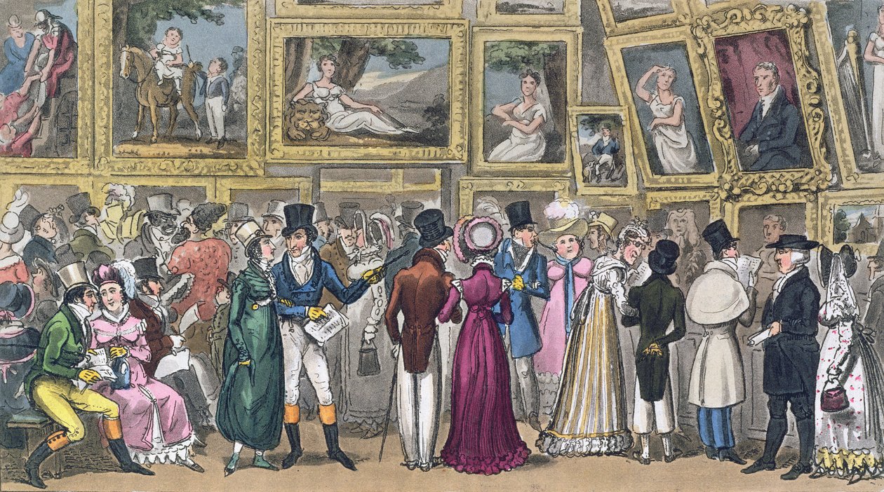 A Shilling Well Laid Out: Tom och Jerry på utställningen av bilder på Royal Academy, från "Life in London" av Pierce Egan, 1821 (färgad akvatint) av Isaac, Robert and George Cruikshank