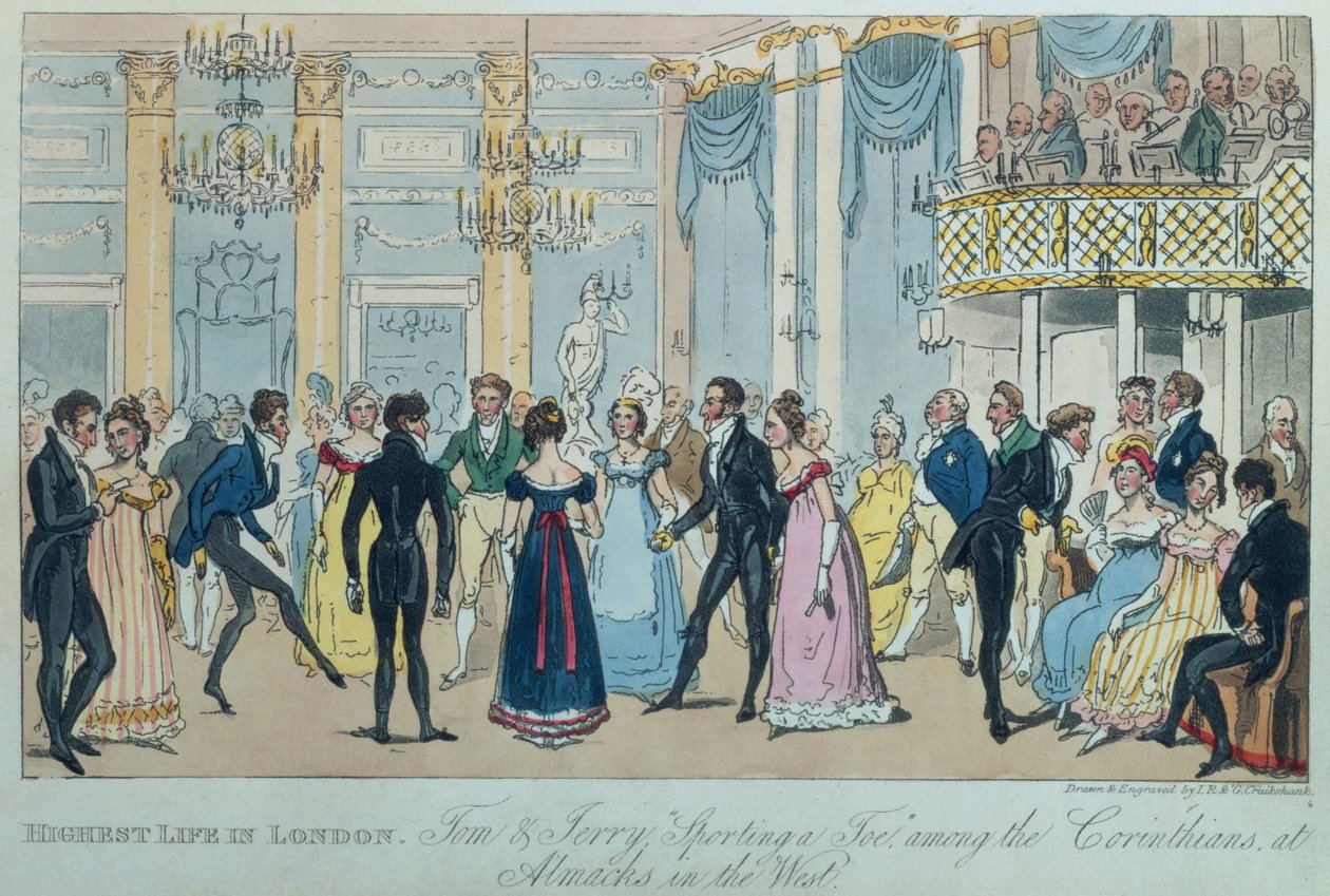Det högsta livet i London: Tom och Jerry "Sporting a Toe" bland korintierna i Almacks i väster, från "Life in London" av Pierce Egan, 1821 (färgad akvatint). av Isaac, Robert and George Cruikshank