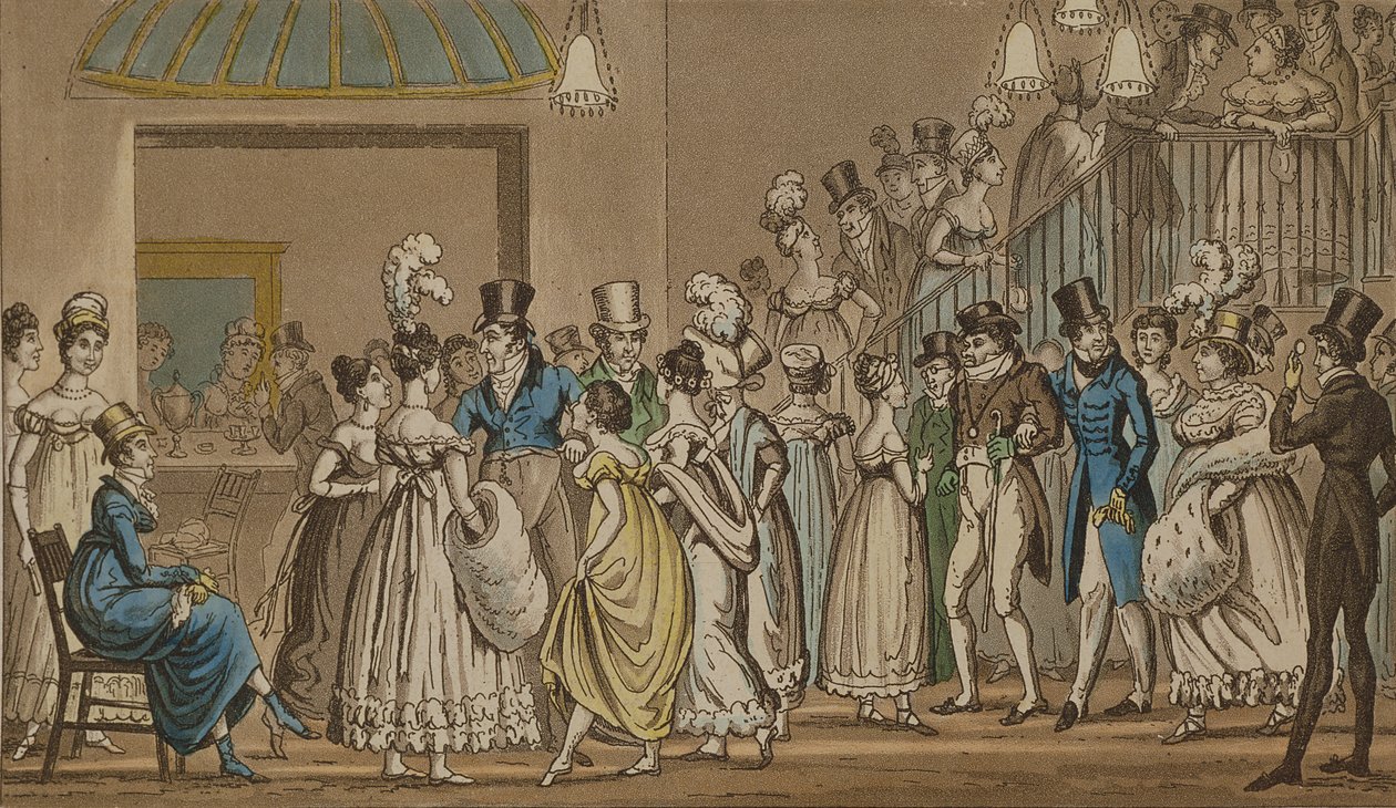 I foajén på Covent Garden Theatre, från "Life in London" av Pierce Egan, 1821-22 (färgad akvatint) av Isaac, Robert and George Cruikshank