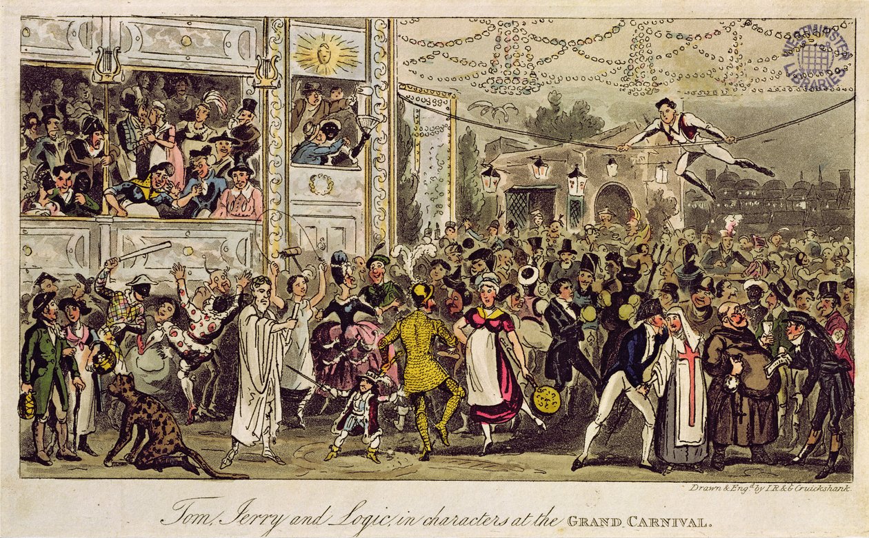 Tom, Jerry och Logic in Characters at the Grand Carnival, från "Life in London" av Pierce Egan, 1821 (färgad akvatint) av Isaac, Robert and George Cruikshank