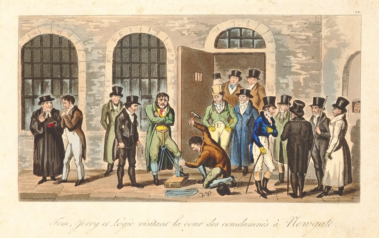 Tom, Jerry och Logic besöker dömda fångar i Newgate Prison, från "Life in London" av Pierce Egan, 1821-22 (färgad akvatint) av Isaac, Robert and George Cruikshank