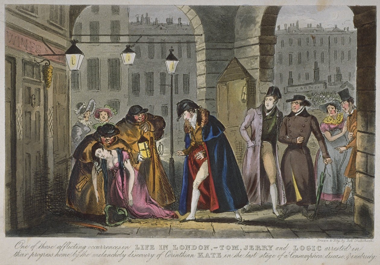 En scen under Covent Gardens piazzor, 1830 (handkolorerad akvatint) av Isaac Robert Cruikshank