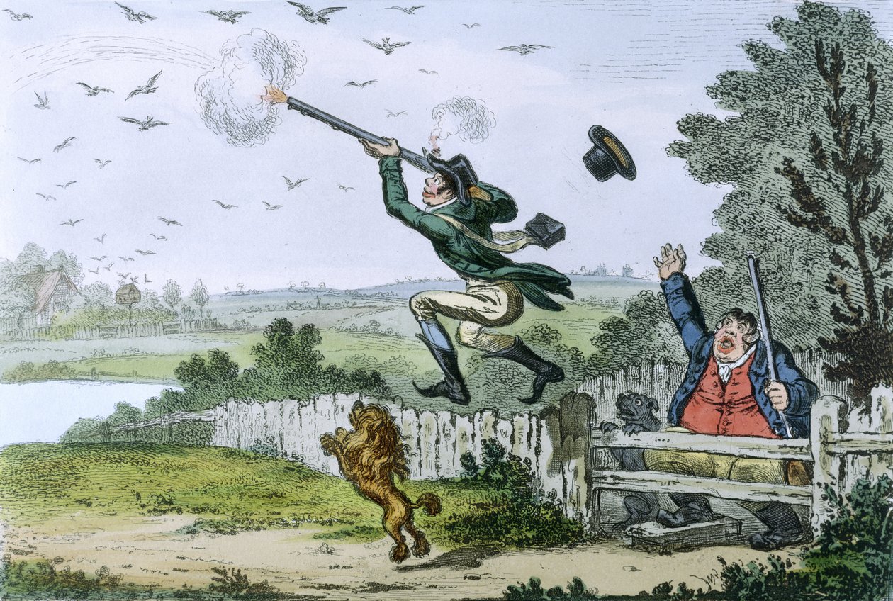 Cockney Sportsmen: Shooting Flying, graverad av James Gillray (1757-1815) 1800 (handfärgad etsning) av Isaac Robert Cruikshank