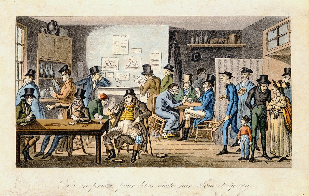 Logik i ett skuldfängelse som får besök av Tom och Jerry, från "Life in London" av Pierce Egan, 1821-22 (färgad akvatint) av Isaac Robert Cruikshank
