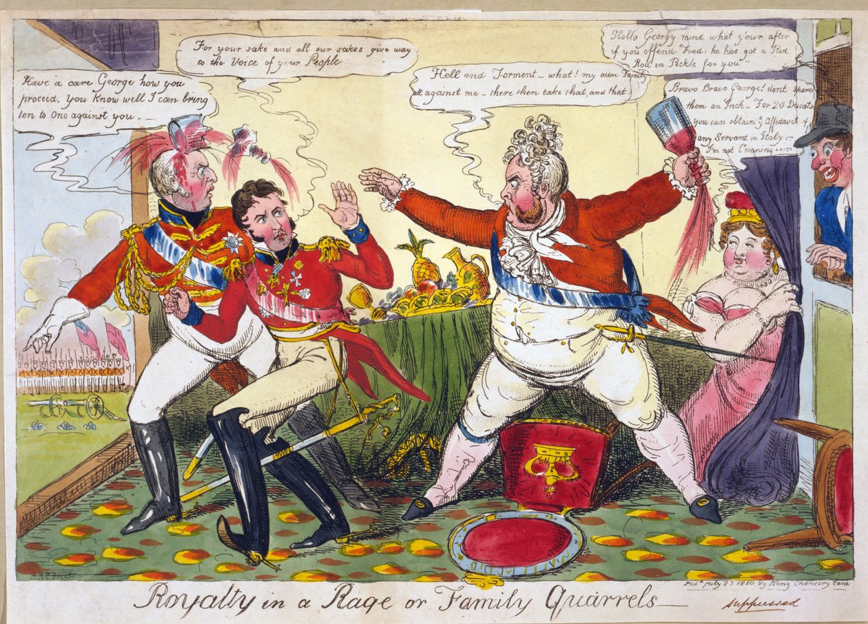Royalty in a Rage eller Family gräl, pub. London, 23 juli, 1820 (handfärgad gravyr) av Isaac Robert Cruikshank