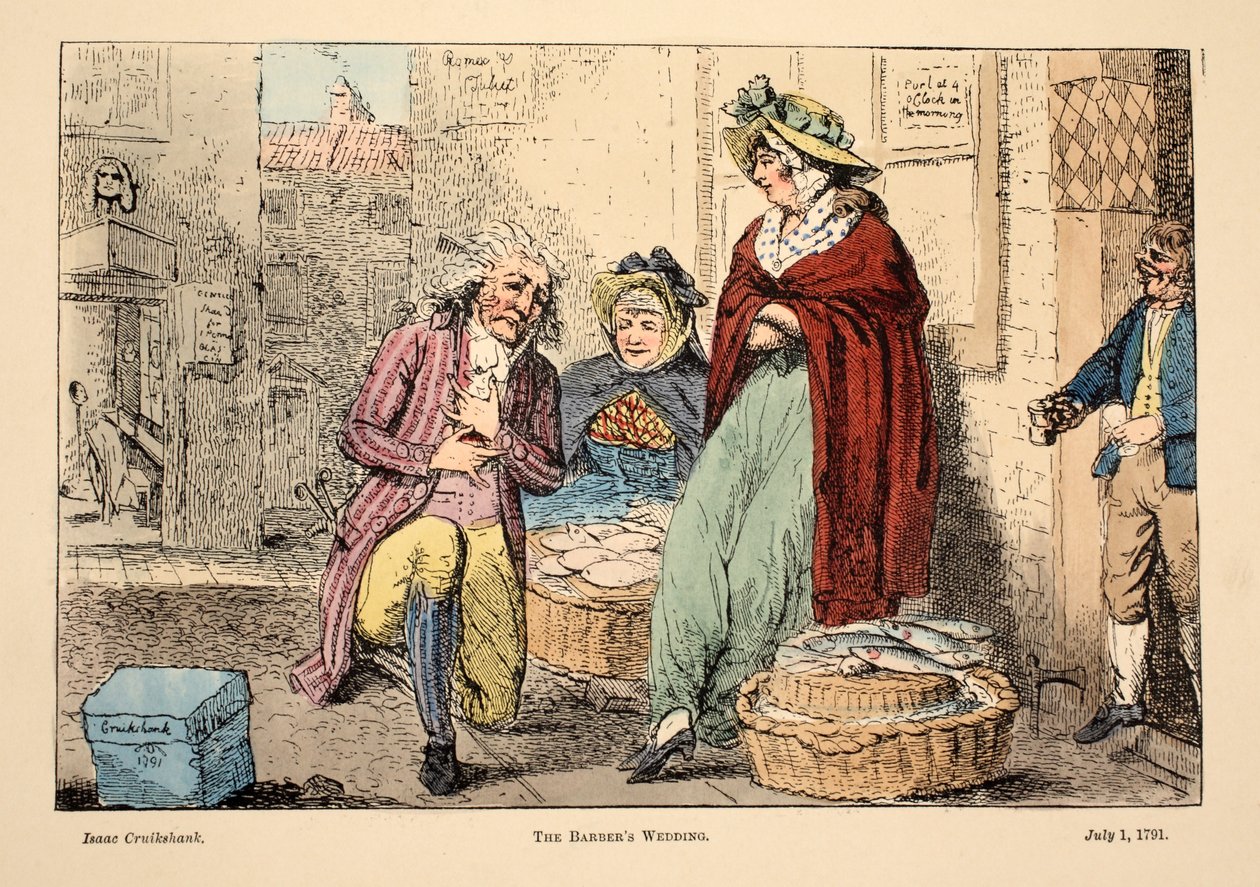 The Barbers Wedding, pub. 1791 (handfärgad gravyr) av Isaac Robert Cruikshank