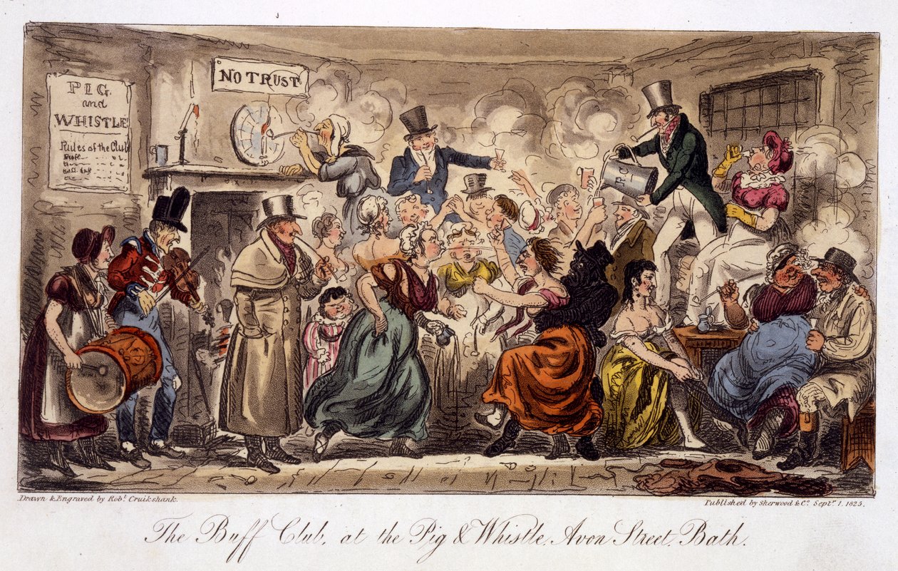 The Buff Club på Pig and Whistle, Avon Street, Bath, från The English Spy, pub. London, 1825 (handfärgad akvatint) av Isaac Robert Cruikshank