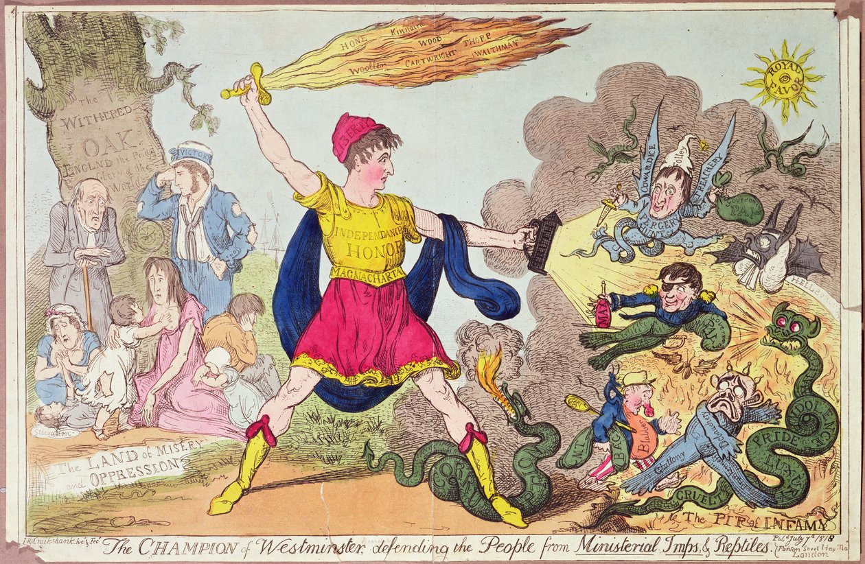 The Champion of Westminster, försvarar folket från ministeriella imps och reptiler, 1818 (färgetsning) av Isaac Robert Cruikshank