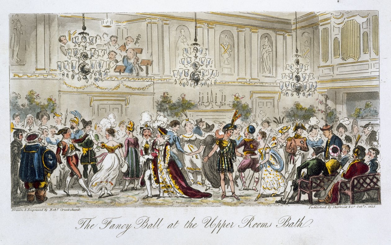 Fancy Ball at the Upper Rooms, Bath, ur "The English Spy", av Charles Molloy Westmacott (1788-1868), utgiven i London 1825. av Isaac Robert Cruikshank