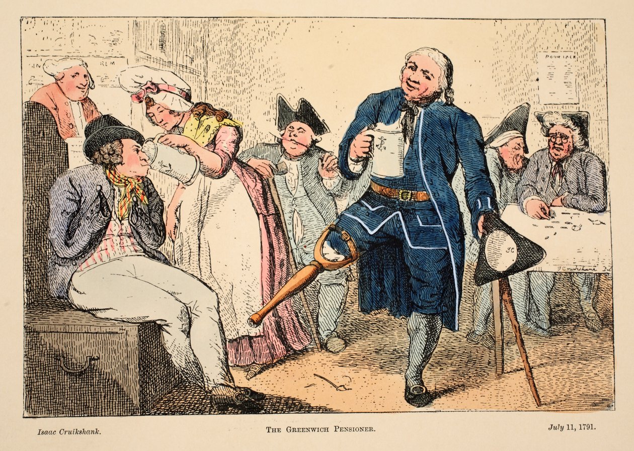 The Greenwich Pensioner, pub. 1791 (handfärgad gravyr) av Isaac Robert Cruikshank