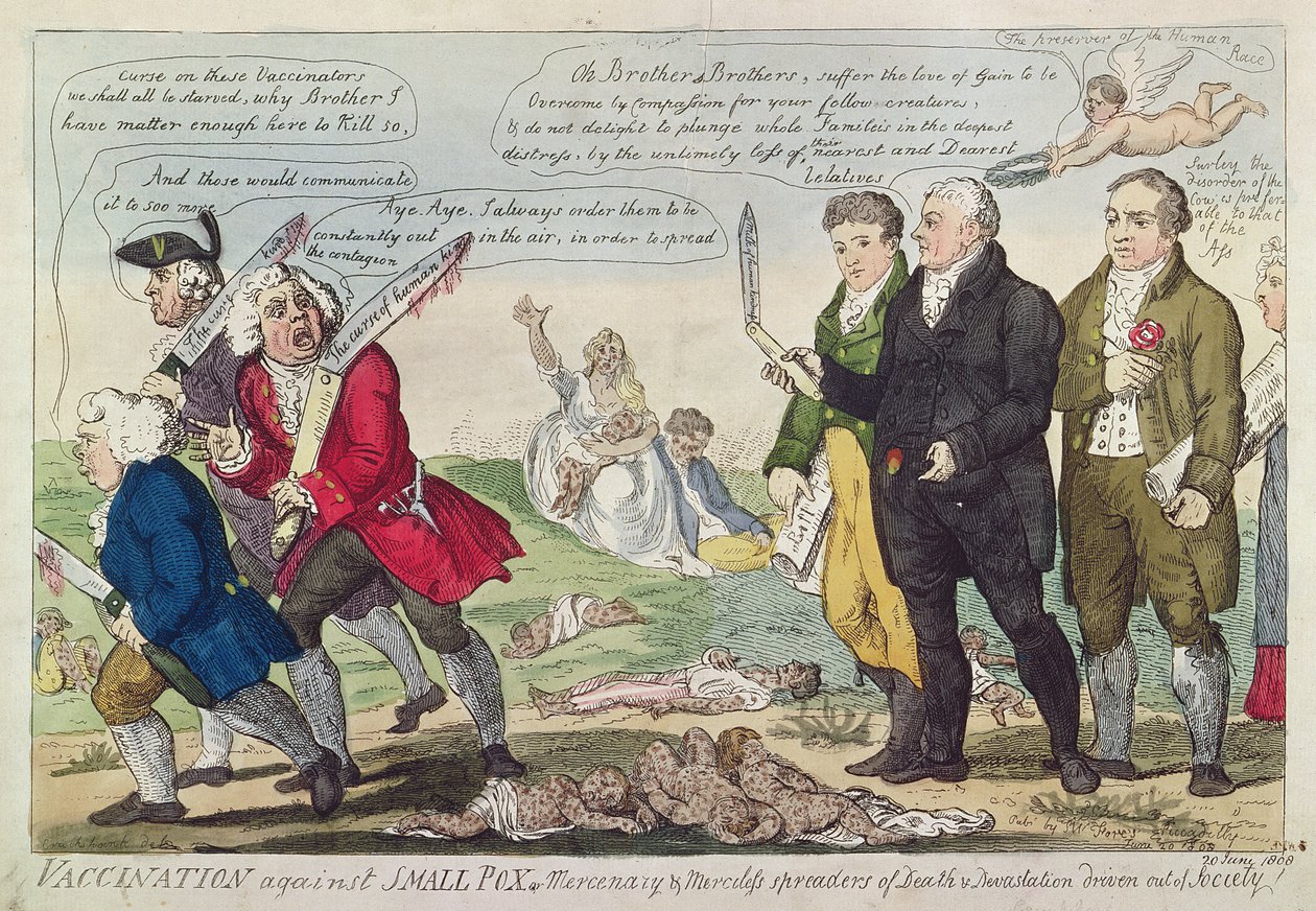 Vaccination mot smittkoppor eller "Mercenary and Merciless spreaders of Death and Devastation driven out of society!", 1808 (etsning i färg) av Isaac Robert Cruikshank