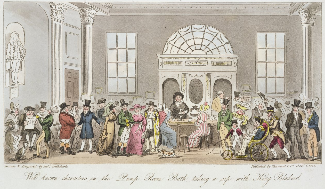 Välkända karaktärer i pumprummet i Bath, tar en klunk med kung Bladud, tryck utgivet av Sherwood und Co, 1825 av Isaac Robert Cruikshank