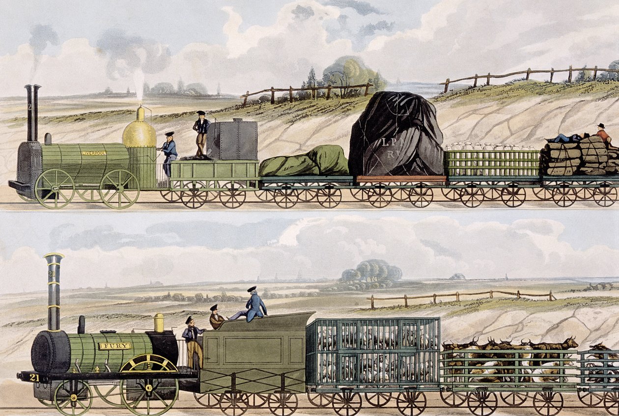 Ett tåg med vagnar (överst) och ett tåg med boskap, får och grisar (nederst) från "Coloured View of the Liverpool und Manchester Railway", graverad av S.G. Hughes, utgiven av Ackermann und Co., London, 18323. av Isaac Shaw