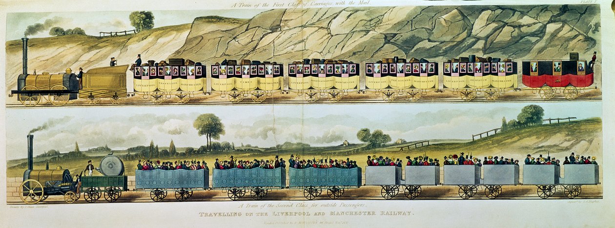 Att resa på Liverpool och Manchester Railway: Ett tåg av första klassens vagnar med posten och ett tåg av andra klassen för passagerare utanför, graverade av S.G. Hughes, pub. av R.A av Isaac Shaw