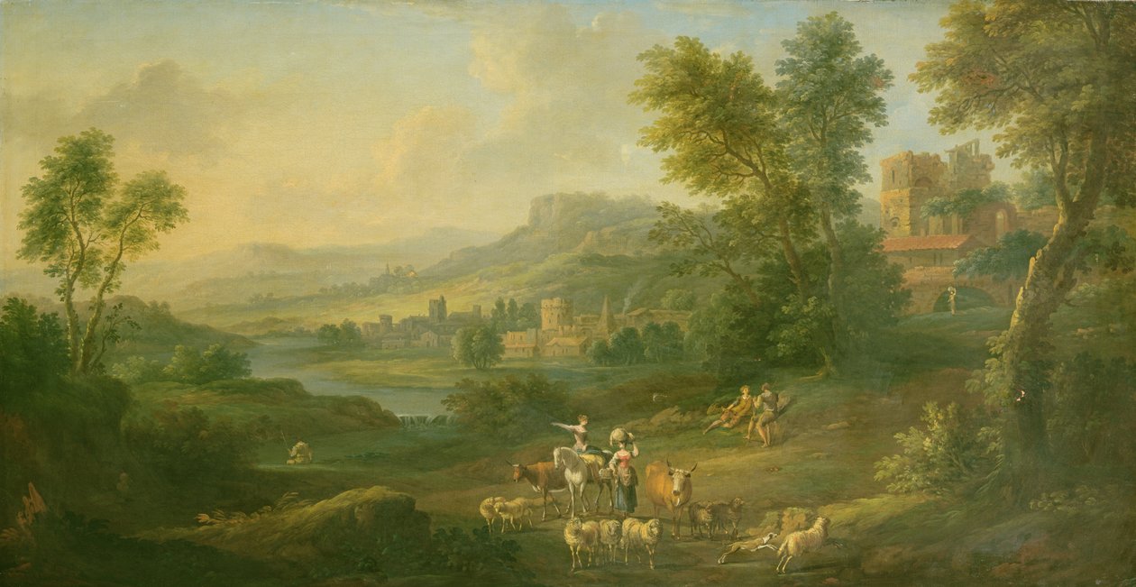 Drovers och herdinnor i ett idylliskt pastoralt landskap av Isaac de Moucheron