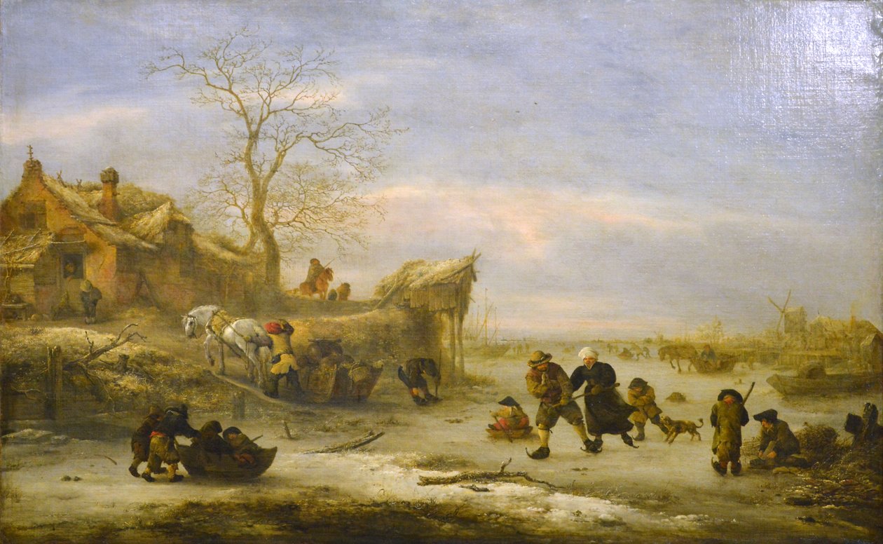 Frusen kanal med parskridskoåkning av Isaac van Ostade
