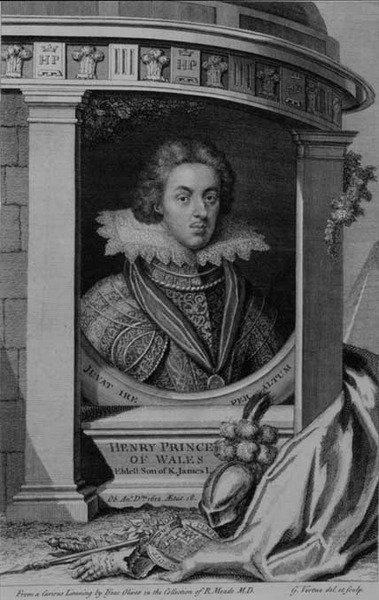 Henry (1594-1612) Prins av Wales, graverad av George Vertue (1684-1756) (gravyr) av Isaac (after) Oliver