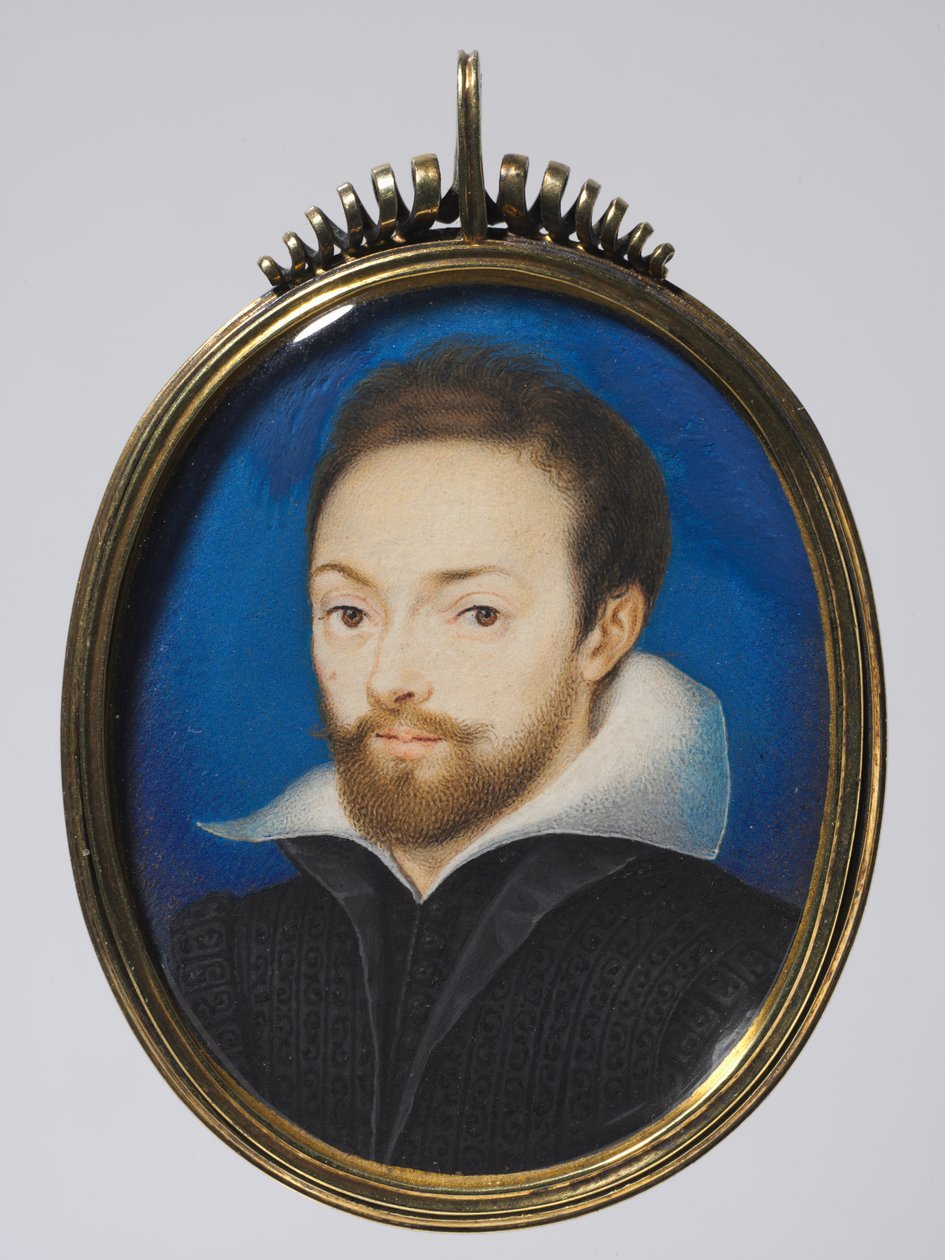 Porträtt av en man, ca 1615 (akvarell på kort i en senare förgylld ram) av Isaac (after) Oliver