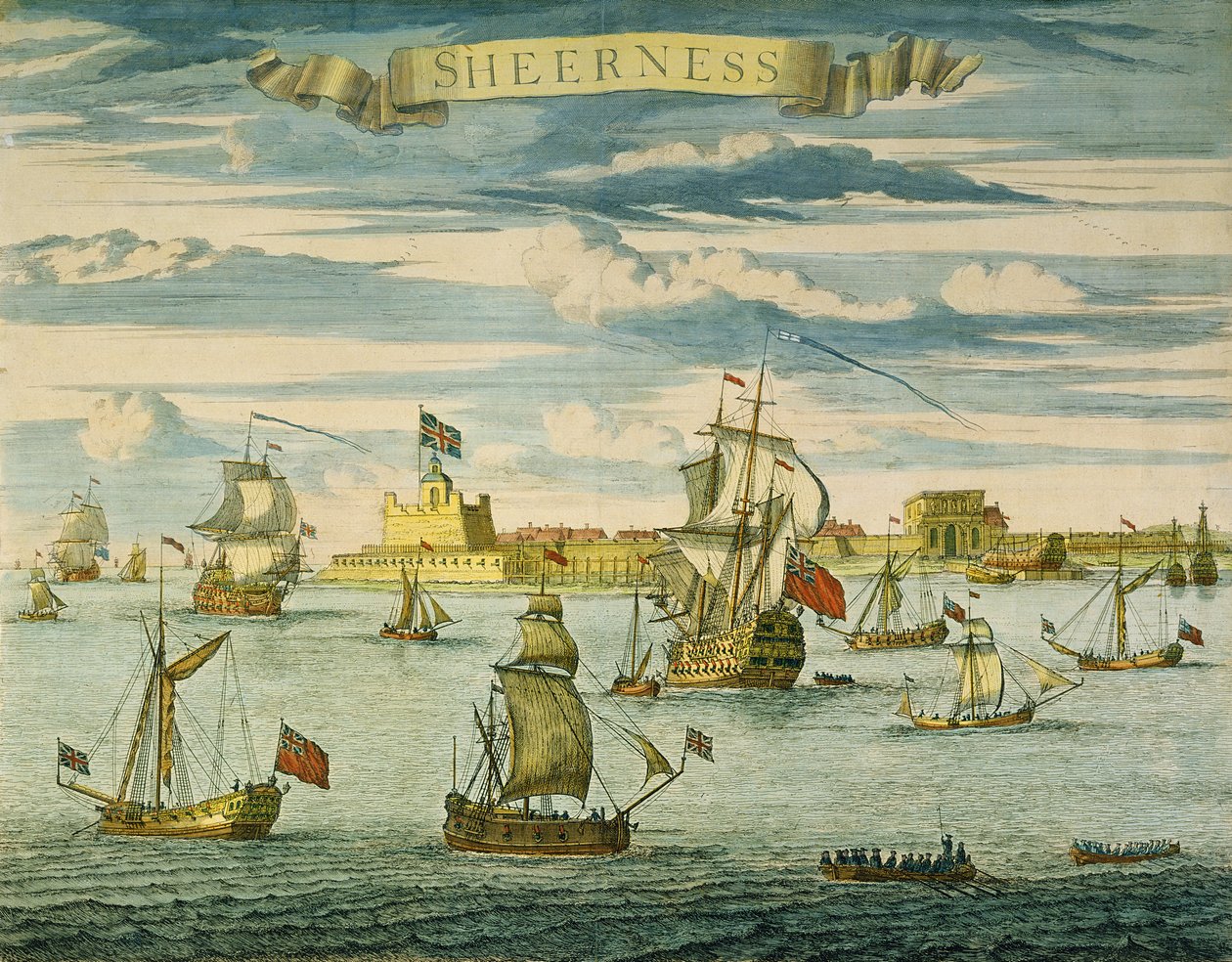 Sheerness, Kent, graverad av Johannes Kip (1652-1722) (handkolorerad gravyr) av Isaac (after) Sailmaker