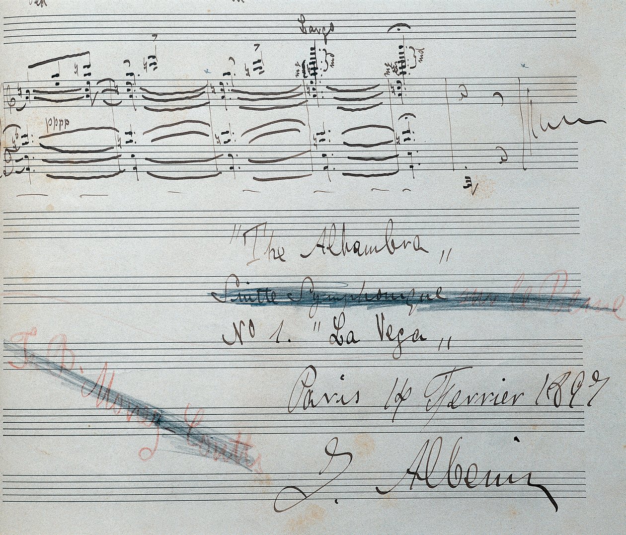 Noter till pianosviten "" La Vega "" med autograf av Isaac Albeniz (1860-1909), spansk kompositör och pianist. Manuskriptdatum 14 februari 1897. Kataloniens nationalbibliotek. av Isaac Albeniz