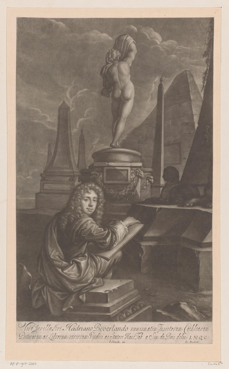 Porträtt av Hadriaan Beverland som ritar en staty av Venus av Isaac Beckett