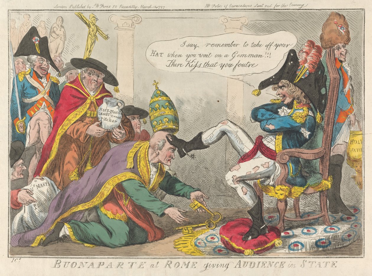 Buonaparte in Rom gibt Audienz im Staatsgewand av Isaac Cruikshank