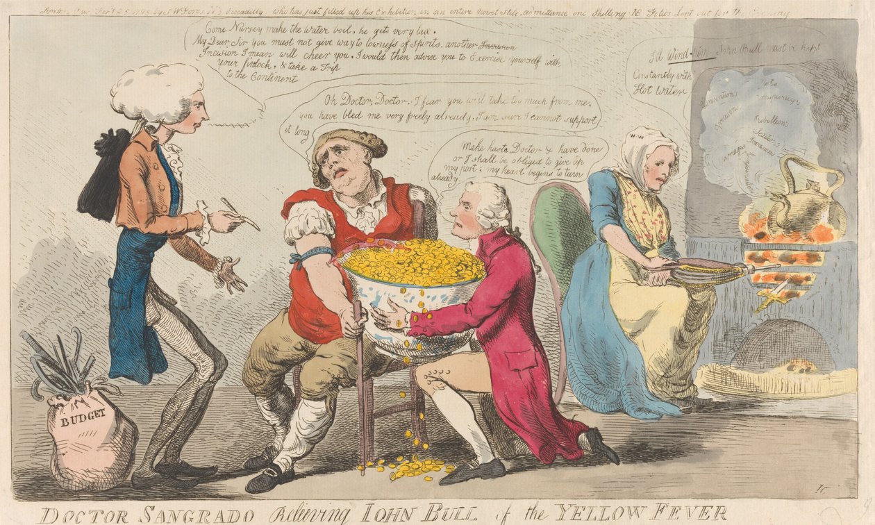 Doktor Sangrado befreit John Bull vom Gelbfieber av Isaac Cruikshank