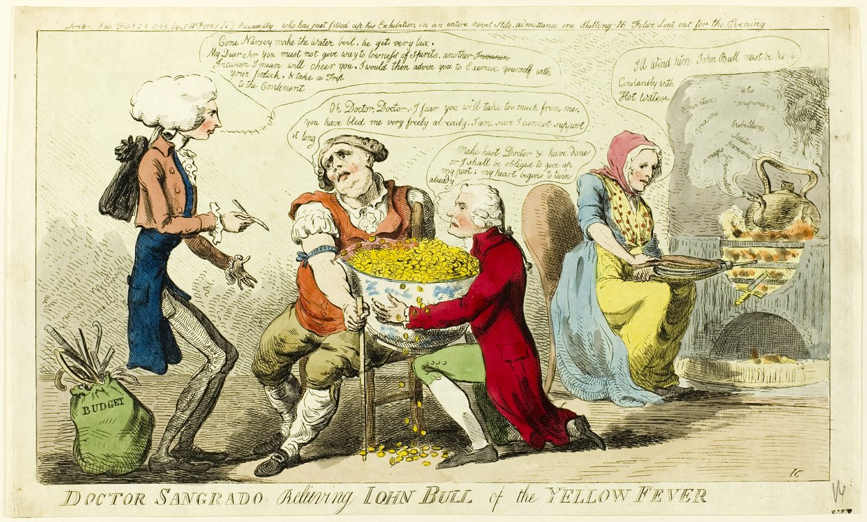 Dr Sangrado befriar John Bull från gula febern av Isaac Cruikshank