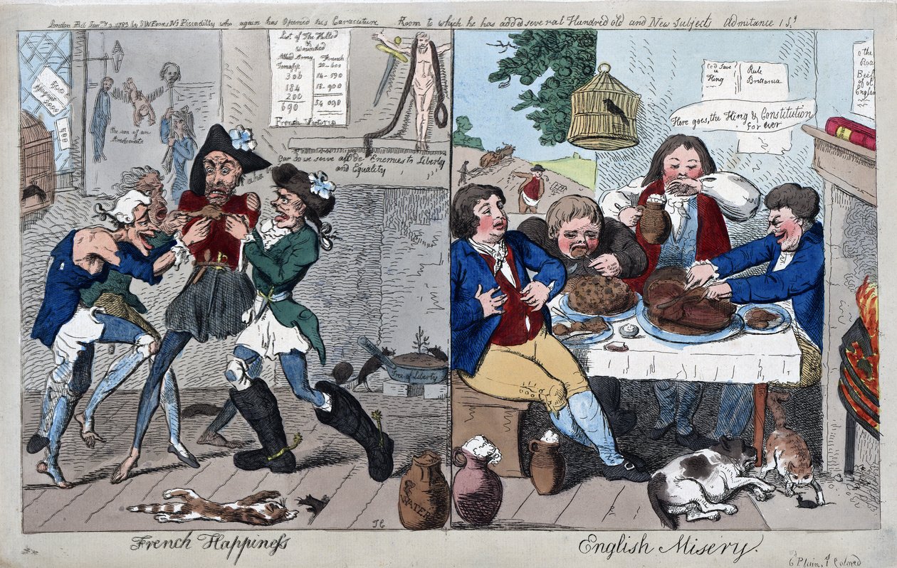 Fransk lycka: English Misery, pub. 1793 (handkolorerad gravyr) av Isaac Cruikshank